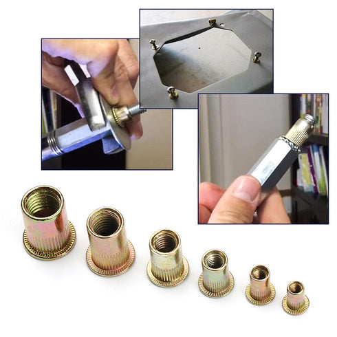MroMax 100Pcs M6 Carbon Steel Rivet Nuts Flat Head Threaded Insert Nutsert Zinc Plated Finish for Automotive