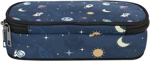Blue Pencil Case for Boys and Girls, Large Capacity Cute Rocket Origin's Space, 2 Zippers Pouch for School Supplies