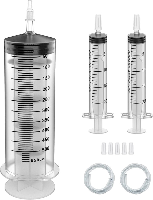 500ML Extra Large Syringe and 2 Pack 20ML Plastic Syringes with Tip Adapter & Soft Tube for Science Labs, Feeding Pets