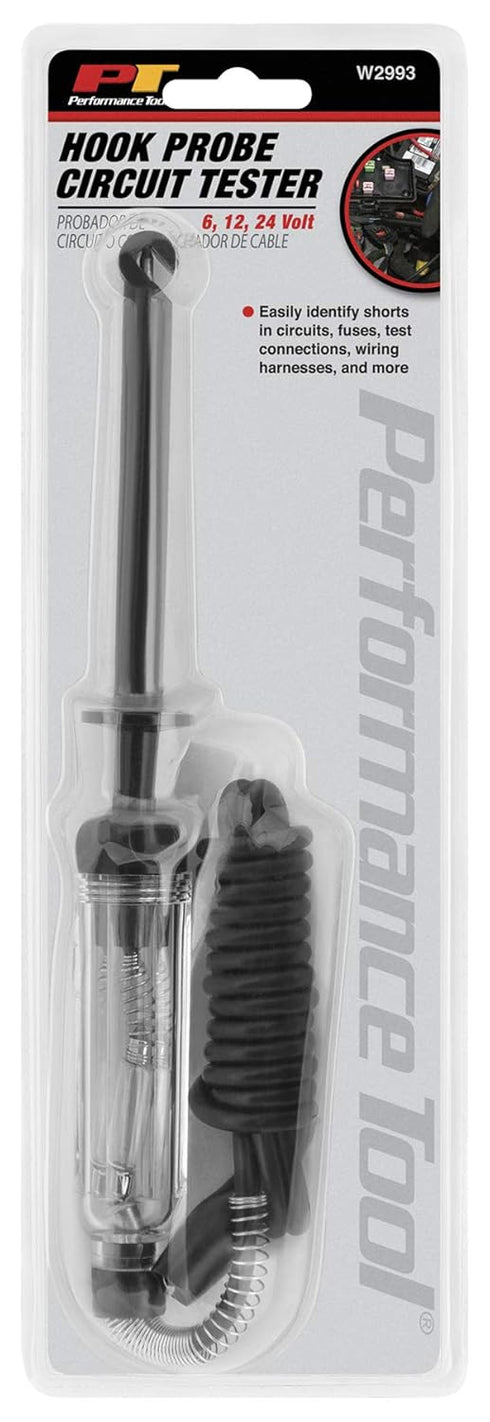 Performance Tool W2993 Circuit Tester 6-24V with Wire Piercing Molded Hook Probe for Testing in Tight Places
