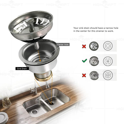 Highcraft 9754 Kitchen Sink Stainless Steel Drain Assembly with Strainer Basket, 1 Count