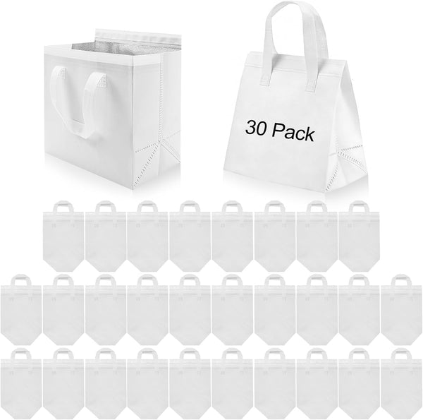 30 Pack Insulated Take Away Bags, White Reusable Grocery Bag Small Cooler