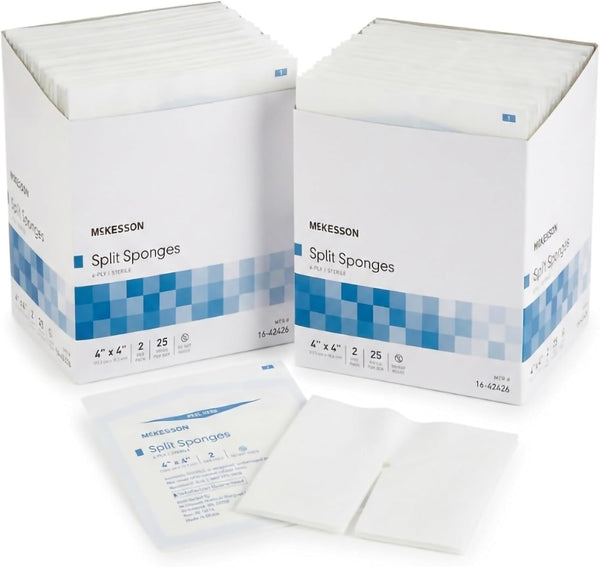 McKesson Sterile Drainage Sponges 4x4 Inch (100 Sponges, 2 Boxes) Pre-Slit Surgical