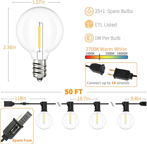50 26pcs Bulbs, Svater Outdoor String Lights FT, Patio LED Lights Outside with Waterproof Shatterproof Hanging Globe