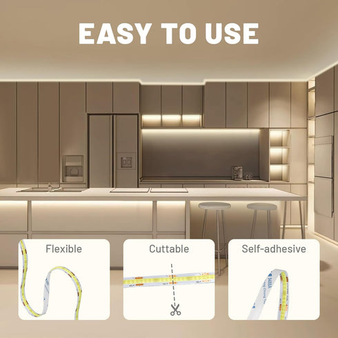 Roran 16.4ft 3000K Dimmable White Cob LED Strip Lights with Remote, Warm Lighting, Rope Lights Indoor, Cuttable Led