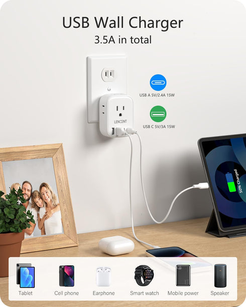 LENCENT 3 to 2 Prong Outlet Adapter, 2 Prong Outlet Extender with 4 AC Outlets 4 USB Charger Cube for Non-Grounded