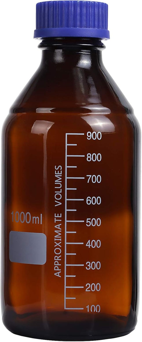 4 Pieces Amber Glass 1000 mL Graduated Round Lab Reagent Media/Storage Bottles with GL45 Blue Screw Cap