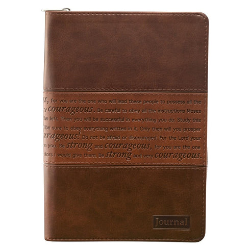 Classic Faux Leather Journal, Strong and Courageous Joshua 1:57 Bible Verse, Brown Inspirational Notebook