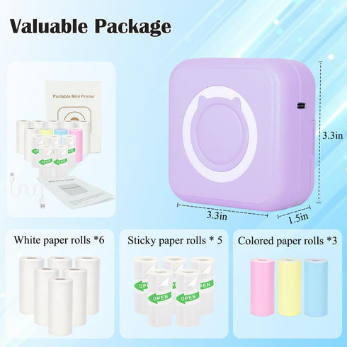 Mini Thermal Printer Inkless Sticker Printer with 14 Rolls Paper, Bluetooth Portable for iPhone/Android, Purple