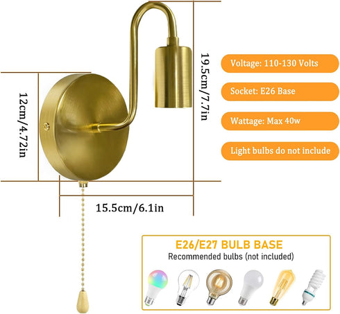 E26 Bulb Pull Chain Wall Sconce Gold Small Vintage Wall Light Fixture with Switch Hardwired Retro Metal Sconces Lights