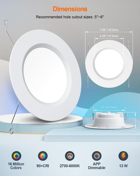 6 Inch 13W 1050 Dimmable 1 Pack DUSKTEC Smart Recessed Lighting - RGBCW Color Changing LED Can Light Retrofit Recessed