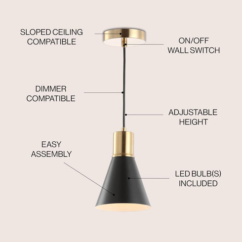 6" 1-Light Bulb JYL6131A JONATHAN Y Black/Brass Gold Apollo Mid-Century Modern Iron LED Pendant, Black Metal Shade