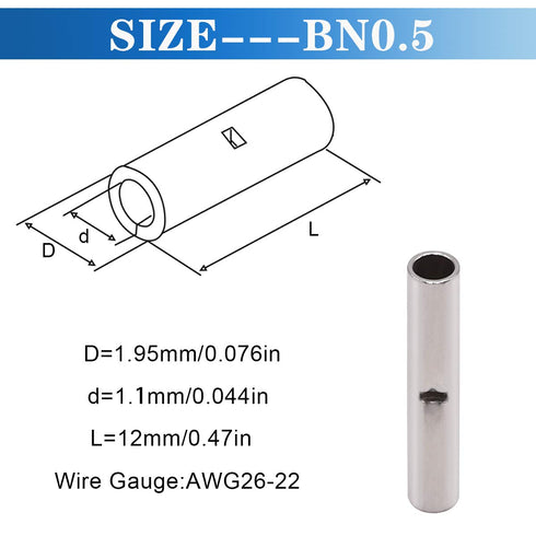 Tnisesm 240 Pcs 26-22 AWG Gauge Non Insulated Butt Connectors, Butt Splice Wire Connectors, Electrical Wire Seamless Uninsulated Butt Connectors Crimp Ferrule Terminals BN0.5
