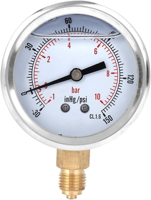 Heayzoki Oil Filled Pressure Gauge, 1/4 BSP Lower Mount, Stainless Steel Liquid Filled, -1-10 bar, Dual Scale