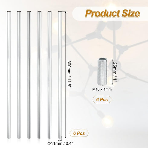 PATIKIL 6 Sets 12" M10 1mm Threaded Extension Rod, x Fine Thread Lamp Pipe with Lamp Pipe Nipples for Pendant Light