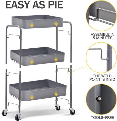 TOOLF 3-Tier Rolling Cart, Metal Utility Cart with Lockable Wheels, Easy Assembly for Office, Kitchen, and More