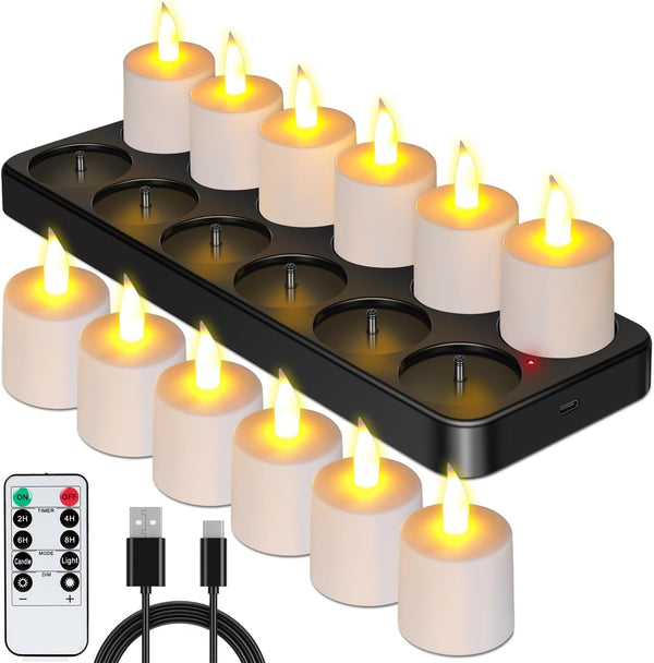 Esup Rechargeable Tea Lights Candles 12pcs Flameless Flickering Candles with Remote Control