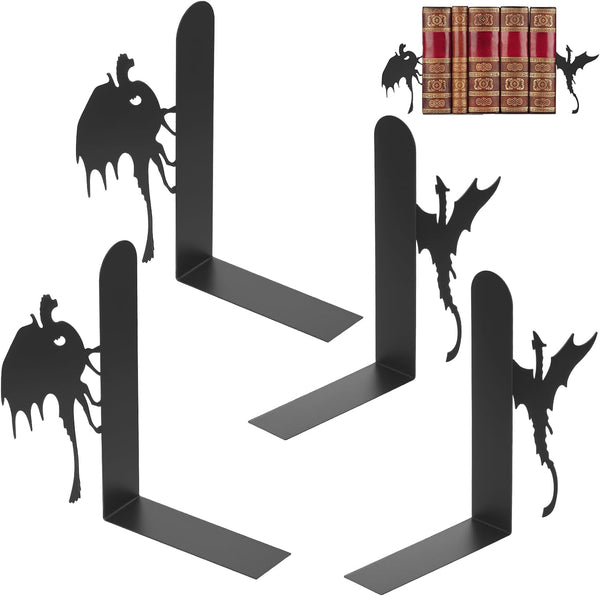 Tcwhniev 4 Pcs Dragon Metal Bookend, Book End for Shelf Bookshelf Home Office