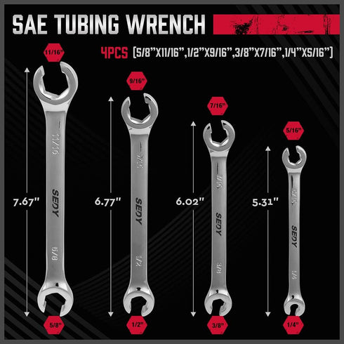 4-Piece Flare Nut Wrench Set, SAE Brake Line Wrenches 1/4 to 11/16-inch, Professional Offset Heads