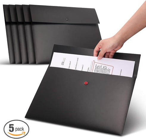 VANRA 5 Pieces A4 Envelopes Folders, Plastic Wallets Document Organizer with Snap Button Closure A4 Letter Size (Black)