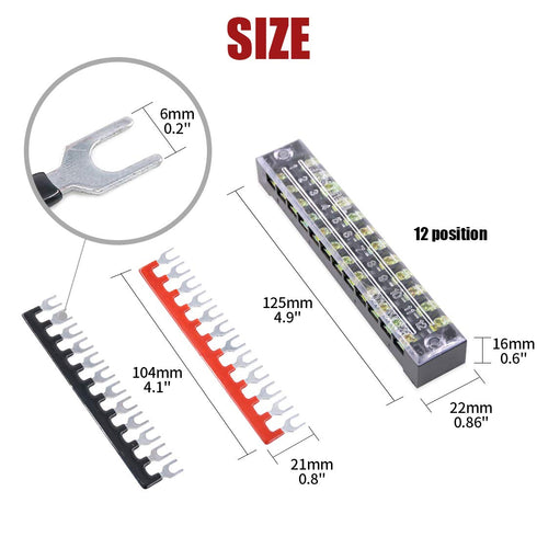12pcs 600V 15A 12 Position Double Row Screw Terminal Strip and 400V 10A Red/Black Pre Insulated Terminal Barrier