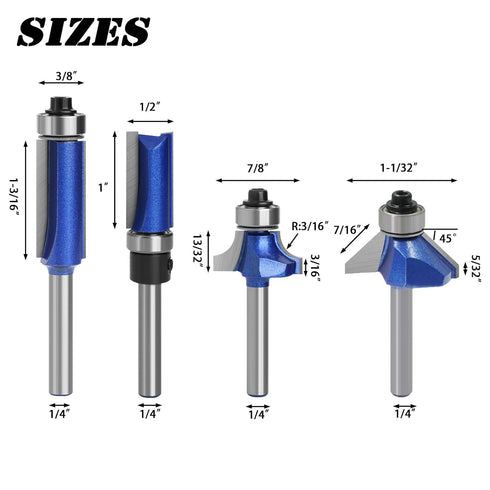 BENESOON 4PCS Set 1/4 Inch ,45 Router Bit Shank, Tungsten Carbide Tip Includes Top Bearing Flush Trim, Pattern Template