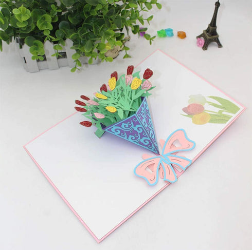 Flower Bouquet Pop Up Greeting Cards - 4 Pack Assorted Laser Cut Tulip, Sunflower, Orchid, Carnation for Gifts