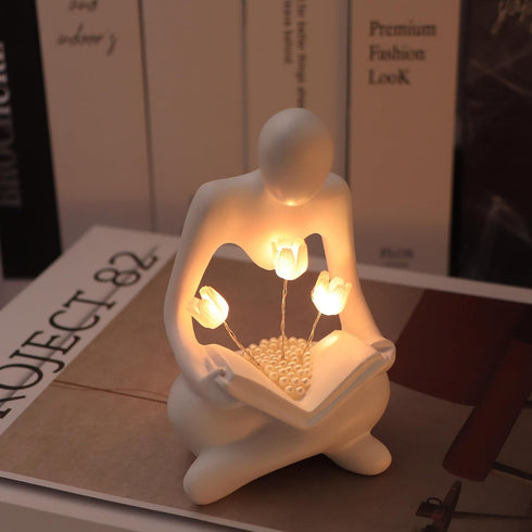 ITOWNKN Reading Sculptures Tulip Lamp,Thinker Statue Figurine Battery Powered Night Light,Modern Abstract Home