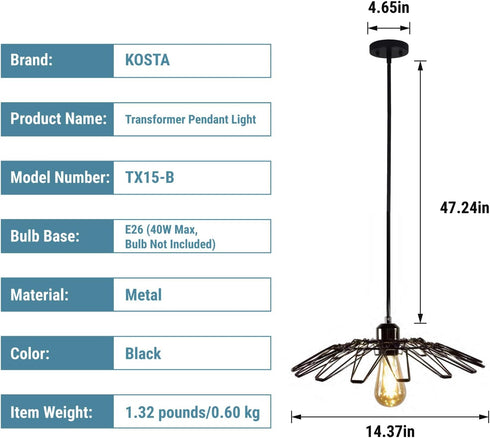 KOSTA 14.4 Inch, E26, Bulb 2-Pack Industrial Pendant Lights, Black Hanging Ceiling Lights with Metal Cage for Kitchen