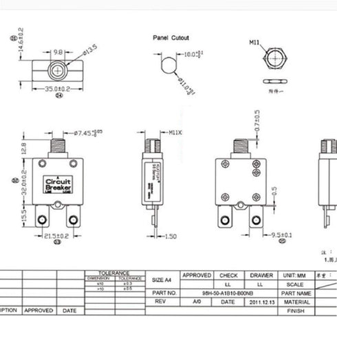 DIYhz Thermal Circuit Breaker, 60 Amp, Push Button Manual Reset, 50V DC, 125/250VAC, 1 Pcs