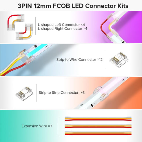 FCOB 12mm 3Pin WS2811 720LED/m 22AWG 3Pin COB Connectors Kit for RGB Smart IC Strip, L-Shaped Corner Connector/Gapless