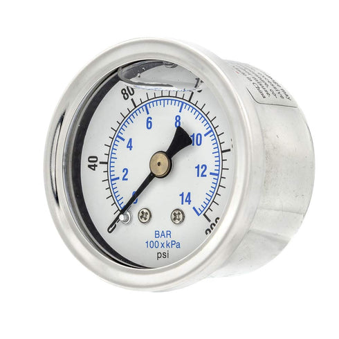 PIC Gauges 202L-158G Pressure Gauge, Center Back Mount, 1.5" Dial, 0/200 psi Range, 1/8" Male NPT, Glycerine Filled