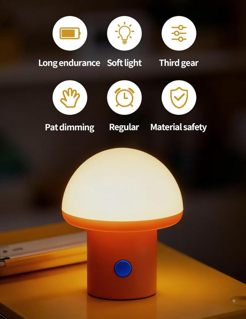 Sgohevn 3 LED Night Light for Bedroom - Cute Mushroom Mini Desk Lamp with Brightness Levels, USB Rechargeable