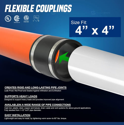 Supply Giant 6I49 Flexible PVC Coupling with Stainless Steel Clamps, 4", Black