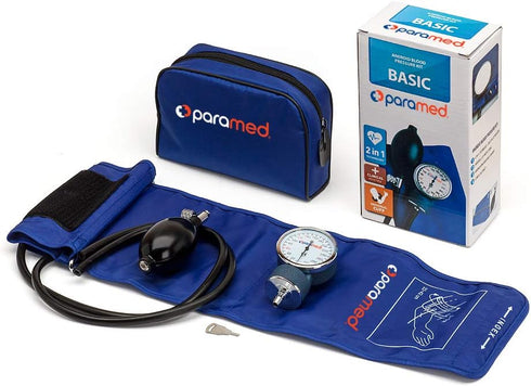 PARAMED Aneroid Sphygmomanometer, Manual Blood Pressure Cuff with Universal Cuff 8.7-16.5", Carrying Case, Blue