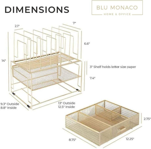 BLU MONACO Gold Desktop Organizer - Cute File Holder for Desk and Drawer Storage of Office Supplies and Folders
