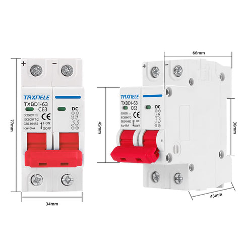 DC Miniature Circuit Breaker 2P 1000V 63A Solar Mini Circuit Breaker Thermal Magnetic Trip DIN Rail Mount
