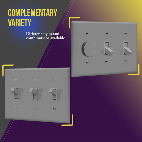 ENERLITES Triple Light Wall Toggle Switch Plate, 3-Gang Standard Size, Gloss Finish, Gray