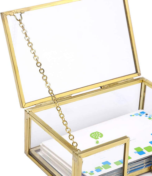 Hipiwe Glass Business Card Holder with Lid, Desktop Name Card Display Box Organizer, Gold Metal Container for Office