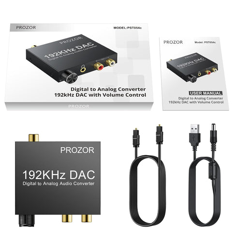 PROZOR Digital to Analog Audio Converter, 192KHz Optical to RCA Adapter, Volume Adjustable DAC with Optical Cable