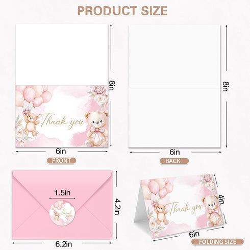 50 Pack 4" 6" Baby Shower Thank You Cards with Envelopes, x Watercolor Bear Balloon Bulk Greeting Cards for Bridal