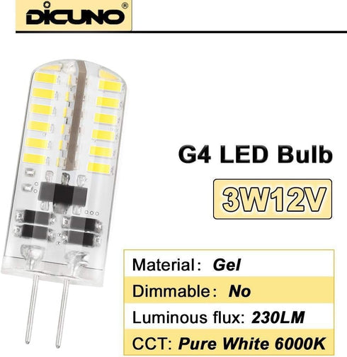 DiCUNO G4 LED Bulb, 3W JC Bi-Pin Base Light Bulbs, 12V AC/DC, Daylight White 6000K, 10 Pack Halogen Replacement