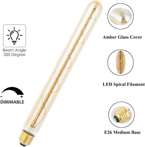 T300/T10 Long Tubular Light Bulb, 40 Watt Equivalent, E26 Base, Amber Vintage Edison Bulb, 4W Dimmable, 2 Pack