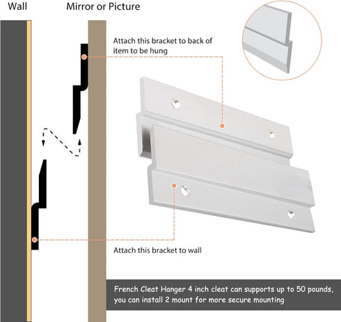(4inch-8Pairs) French Cleat Picture Hanger, Aluminum Z Hanger Interlocking Wall Mounting Bracket Hardware Kit Z Clips