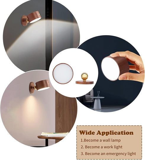 1-Pack 360 Dimmable LANDGOO Wood Wall Sconce, Sapele Wood Magnetic Rotatable Cordless Bedside Lamp, Rechargeable & LED