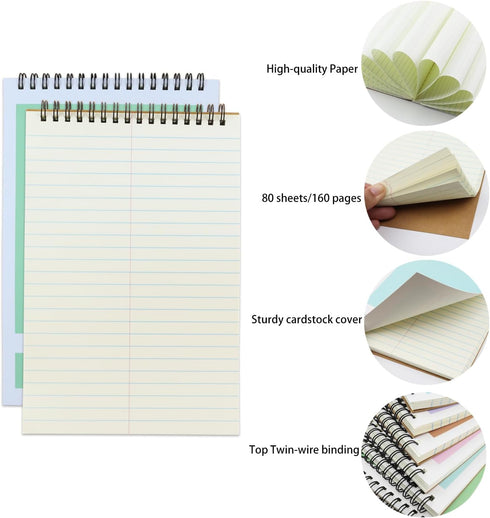 Steno Pad, 6 Pack Top Spiral Notepads, 6" x 9", 80 Sheets, Gregg Rule for Writing Notes in School and Office