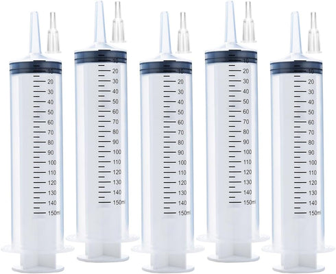 5 Pack 150ml Reusable Plastic Syringe, Individually Packaged for Scientific Labs and Dispensing