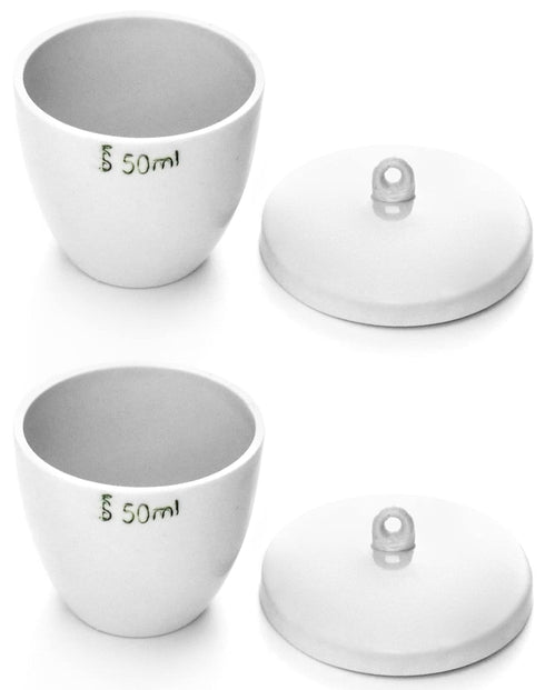 QWORK Lab Porcelain Crucible with Lid, 2 Pack, 50ml Capacity, White, for Laboratory School Heating