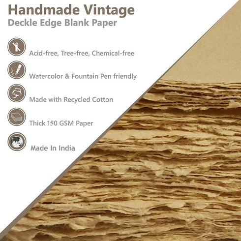 Deckle Papers 150 Size-A4 Pack of-50-Brown Handmade Deckle Edge Printer Friendly Blank Paper Mixed Media Loose Leaf