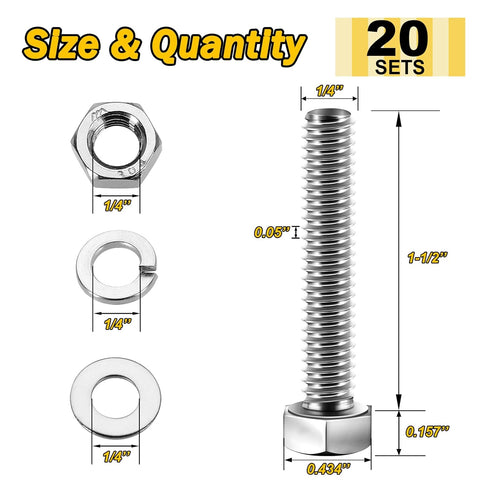 (20 Sets) 1/4-20x1-1/2" Hex Head Stainless Steel Bolts and Nuts | 304 Stainless Steel with Washers, Fully Threaded